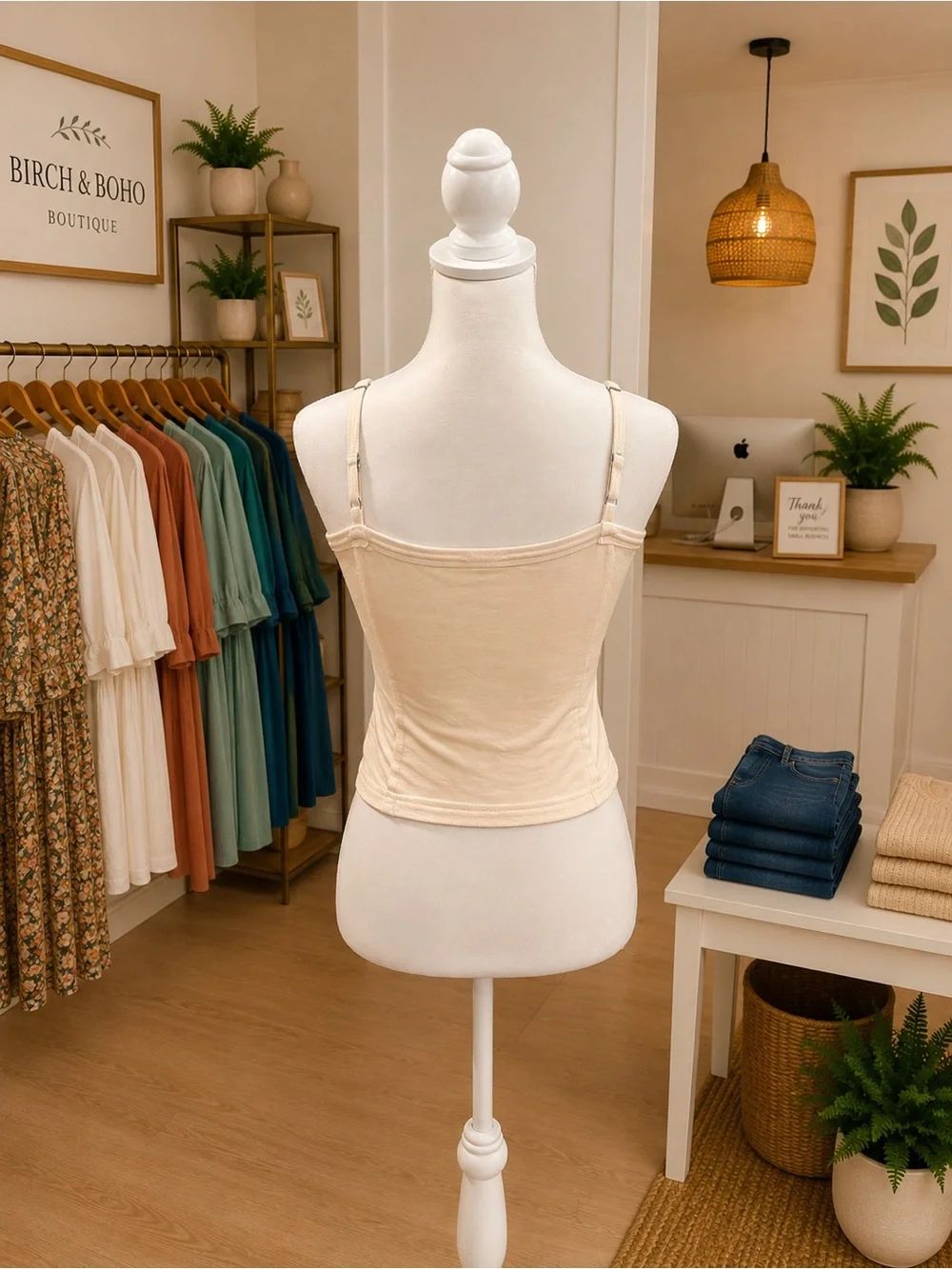 POL Cream Faux Snap Front Cropped Tank Top Boho Stretch Cami Medium